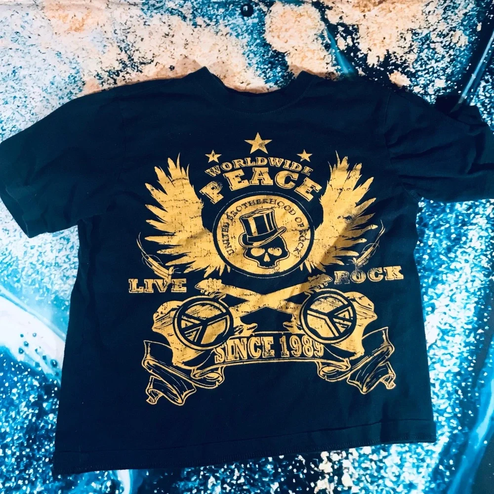 Vintage Y2K Graphic Tee Rock Navy & Yellow